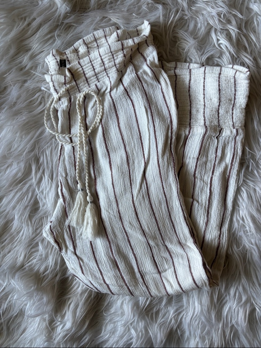 Amuse Society Cream Striped Cropped Pants with Tassel Drawstring